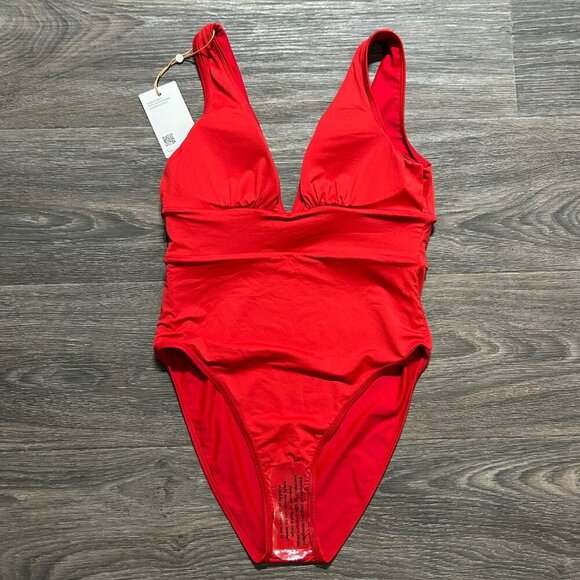Quince Italian Plunge Wrap One Piece Swimsuit Red Small Bathing Suit Swim Wear - Picture 9 of 9